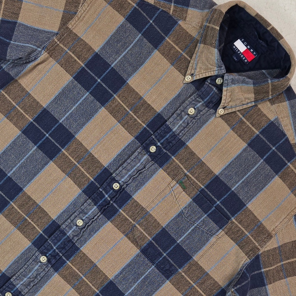 Tommy Hilfiger Shirt Mens Large L Blue Tan Plaid Button Down Long Sleeve Classic
